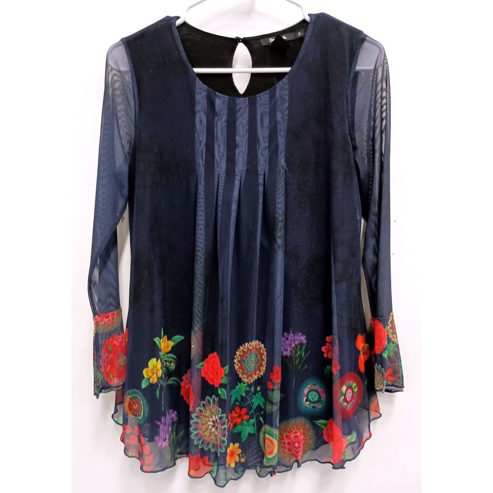 Desigual Tunic Top Womens Small Navy Blue Floral Sheer Mesh BOHO Long Sleeve
